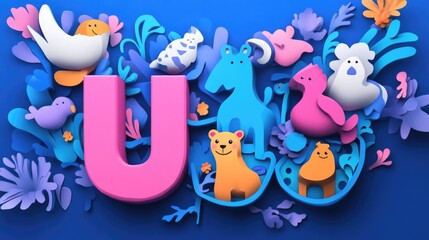 Naklejka premium Letter U: Paper cut style illustration, colorful 3D whimsical, text 