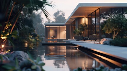 Modern house with a swimming pool and lush greenery in the backyard. The house is illuminated by warm lights at dusk.