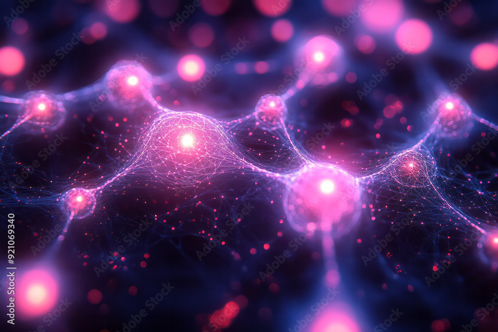 Poster a glowing network of interwoven cyan and magenta neon circles, forming a complex, abstract web,