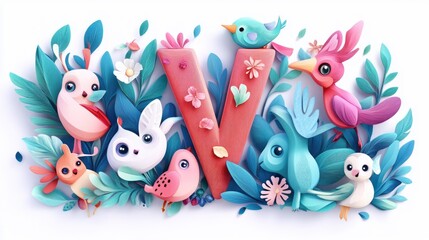 Fototapeta premium Letter V: Paper cut style illustration, colorful 3D whimsical, text 