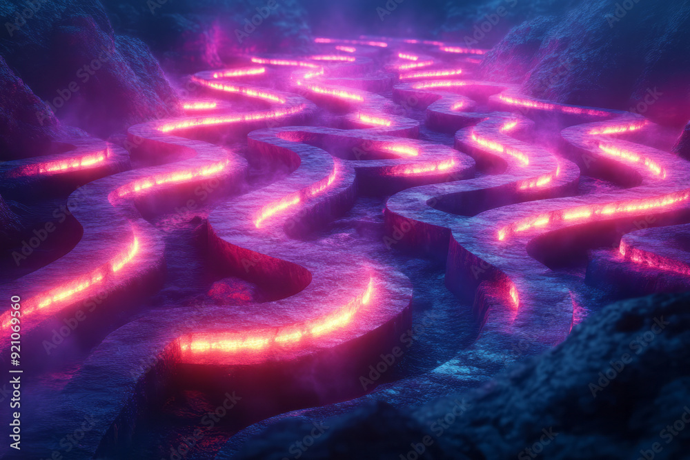 Leinwandbilder a neon circular maze in vibrant cyan and magenta, with glowing paths and intersections creating an a