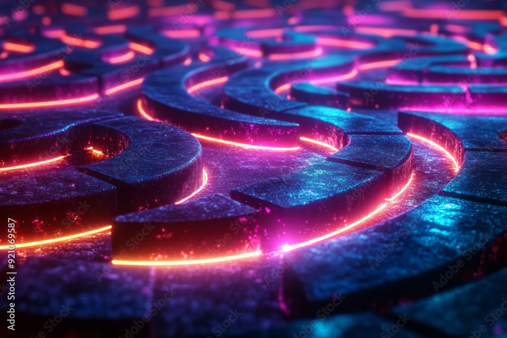 Poster A neon circular maze in vibrant cyan and magenta, with glowing paths and intersections creating an abstract, otherworldly design,