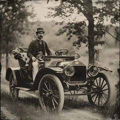 A well-dressed man poses confidently next to an antique car outside a charming house, capturing the essence of a bygone era.