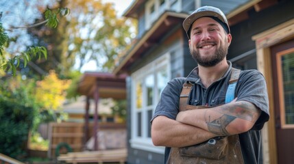 Fototapeta premium Portrait of a happy man, a skilled worker, standing and smiling while renovating a home. Handyman is dedicated to job, ensuring professional work and service with a happy demeanor.