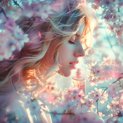 Serene moment unfolds as woman enjoys fragrance of blossoms in vibrant garden. Surrounded by delicate pink flowers, she embodies tranquility in this stunning natural setting