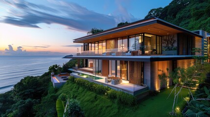 Modern luxury villa overlooking the ocean at sunset.  Large windows and open floor plan create a spacious and inviting feel.