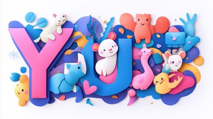 Fototapeta premium Letter Y: Paper cut style illustration, colorful 3D whimsical, text 