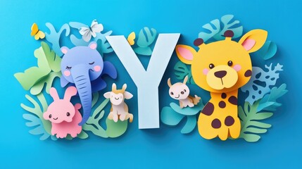 Fototapeta premium Letter Y: Paper cut style illustration, colorful 3D whimsical, text 