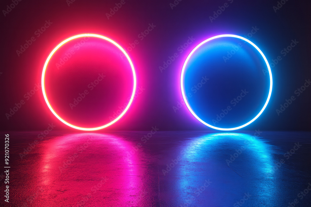 Poster a symmetrical arrangement of small and large neon rings in cyan and magenta, floating against a jet-