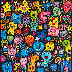 Naklejka premium Vibrant collection of playful designs featuring animals, stars, and hearts, showcasing children's creativity against dark backdrop 
