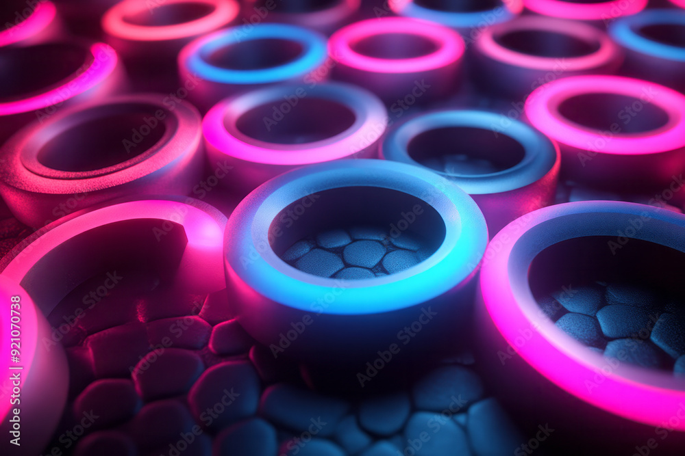 Aufkleber a symmetrical arrangement of small and large neon rings in cyan and magenta, floating against a jet-