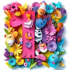 Fototapeta premium Paper cut style illustration, colorful 3D whimsical, text 