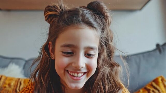 Adorable adolescent child speaking over a contemporary smartphone webcam. Concept of online communication
