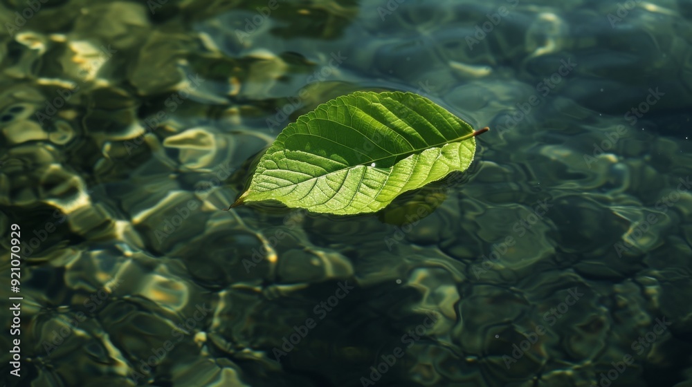 Sticker A single green leaf floating on the surface of clear water