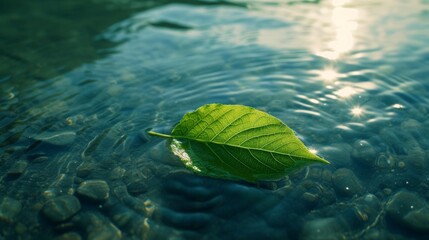 A single green leaf floating on the surface of clear water