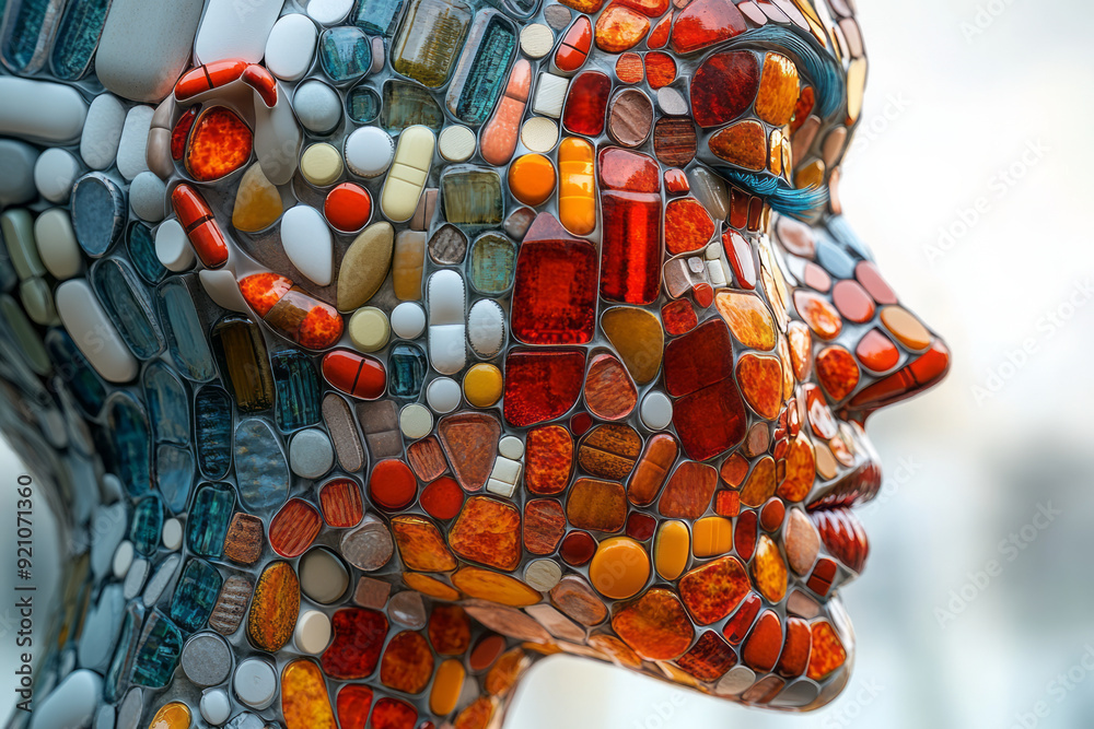 Wall mural a digital 3d body in profile view, with pills arranged to create a mosaic-like effect, emphasizing t