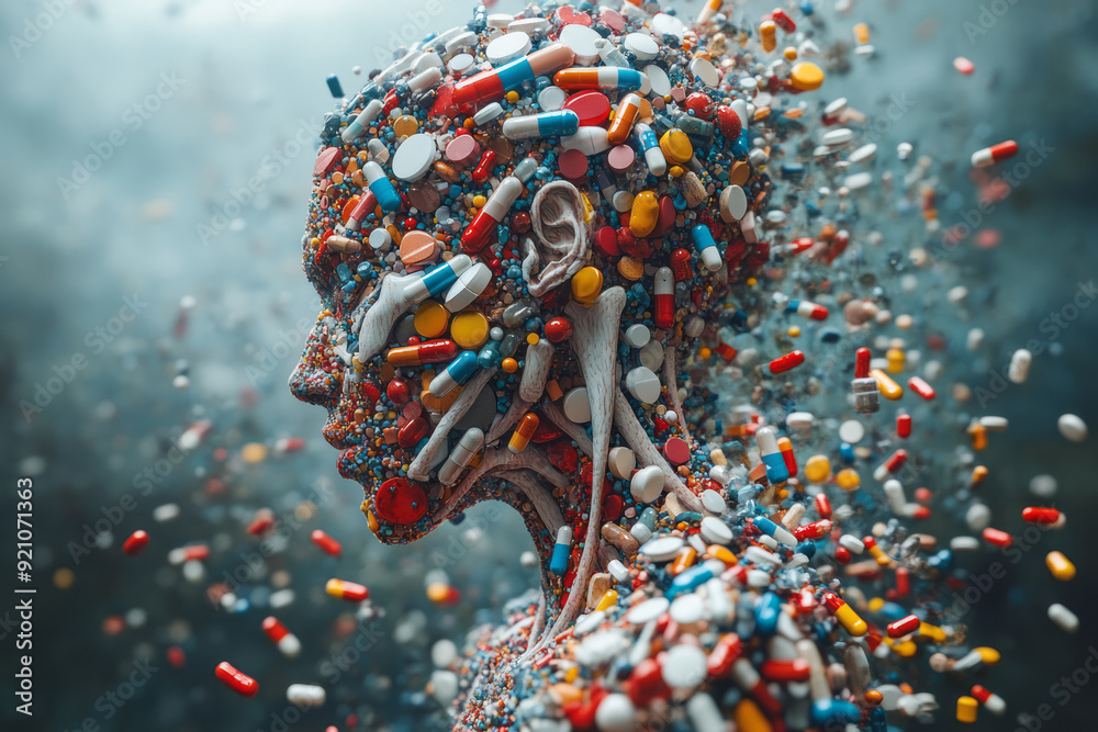Poster A profile of a human figure in 3D, where pills form the skeletal structure, creating a striking, abstract composition,