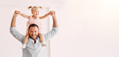 Happy Loving Family Concept. Happy father carrying his cute blonde daughter on neck, looking at...