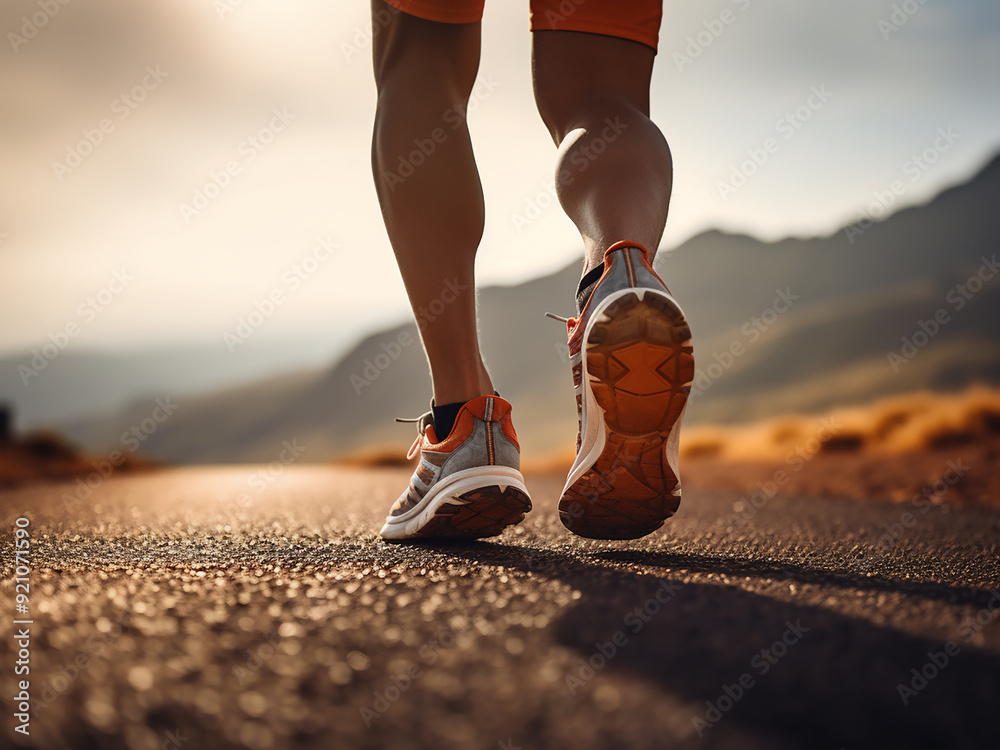 Wall mural male runners legs and sports shoes in action on a mountain road