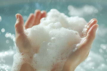 Fototapeta premium Soft white soap bubbles in woman hands in the bath close up. Generative AI