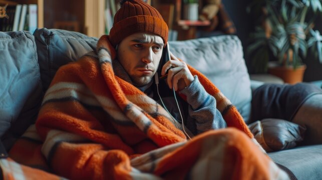 A young man lounges at home, wrapped in a blanket and a hat, warming up with an electric heater. The concept of heat problems