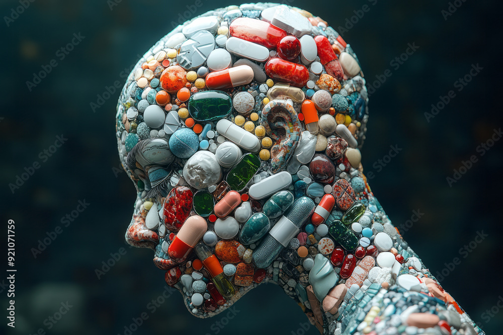 Poster a digital 3d body in profile, with pills arranged to create a layered, almost pixelated effect, blur