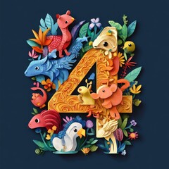 Paper cut style illustration, colorful 3D whimsical, text "4" made of cute animals