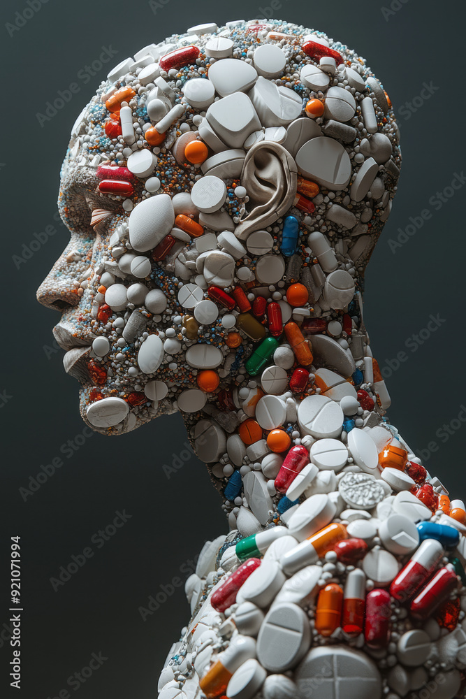 Poster a digital 3d profile where the pills are arranged to form the musculature of the body, emphasizing t