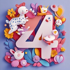 Paper cut style illustration, colorful 3D whimsical, text "4" made of cute animals