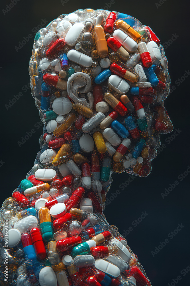 Poster a digital 3d profile where the pills are arranged to form the musculature of the body, emphasizing t