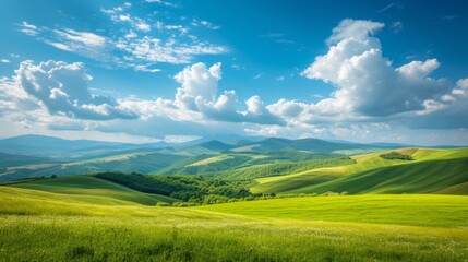 Obraz premium A picturesque summer landscape with rolling hills, green meadows, and a bright blue sky