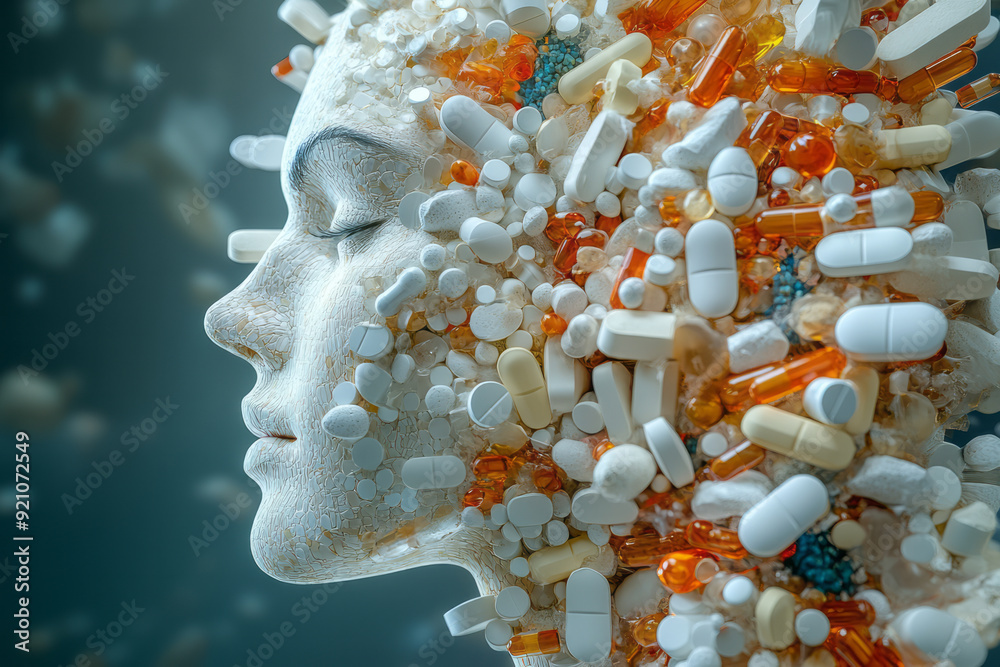 Poster A surreal 3D profile of a body made from pills, where the pills seem to flow and shift, creating a dynamic sense of movement,