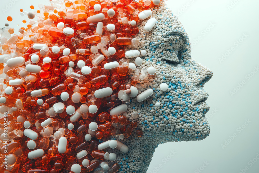 Poster a surreal 3d profile of a body made from pills, where the pills seem to flow and shift, creating a d