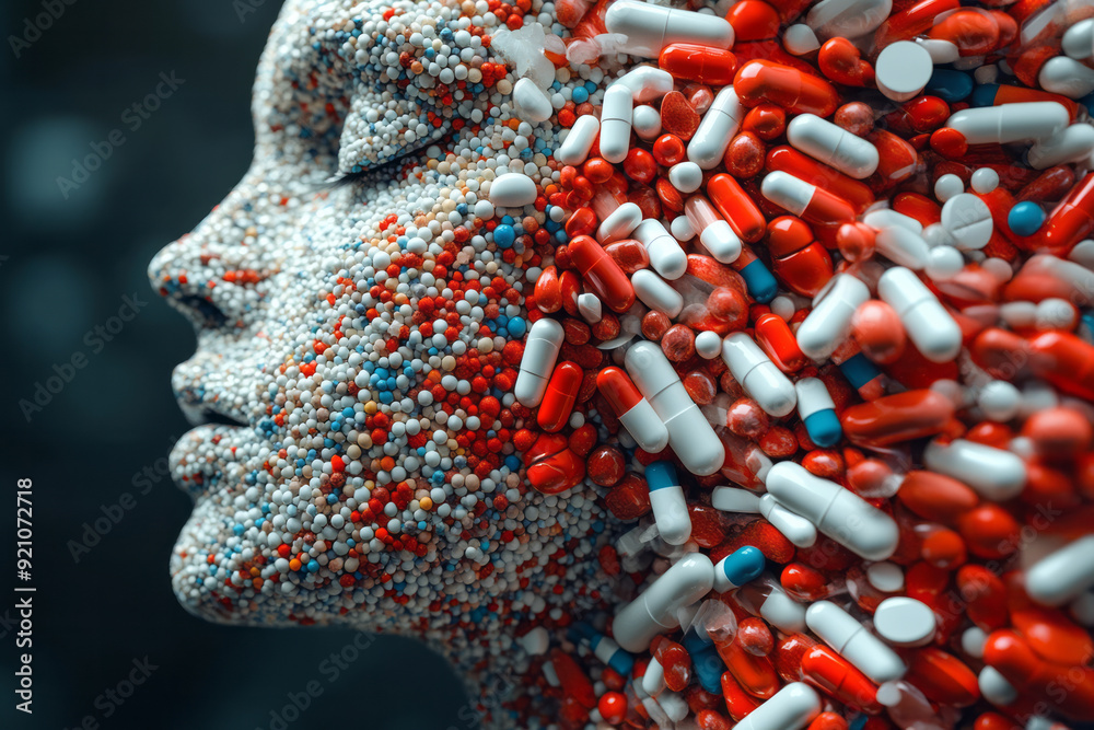 Poster a surreal 3d profile of a body made from pills, where the pills seem to flow and shift, creating a d