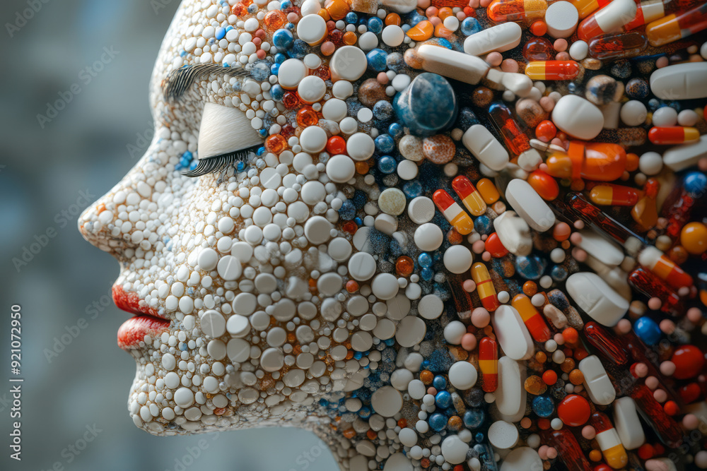 Poster a digital 3d body in profile view, with pills arranged in concentric circles, creating a hypnotic, s