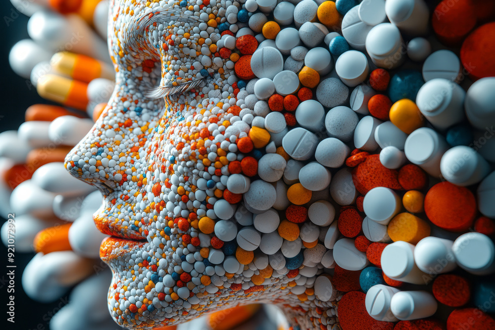 Poster a digital 3d body in profile view, with pills arranged in concentric circles, creating a hypnotic, s