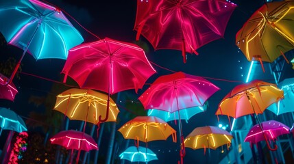 Obraz premium A group of umbrellas glowing with neon lights, creating a vibrant, nighttime scene