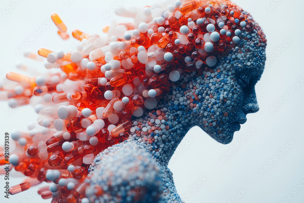 Poster A digital 3D profile of a body, with pills arranged in a gradient pattern, transitioning from dense to sparse as they move across the figure,