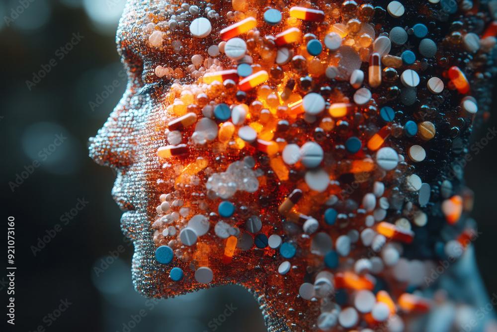 Poster A digital 3D profile of a body, with pills arranged in a gradient pattern, transitioning from dense to sparse as they move across the figure,