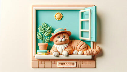 An image of a cute orange tabby relaxing on a windowsill in a 3D clay style