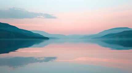 Obraz premium Soft pink hues of a sunset reflecting on a calm lake