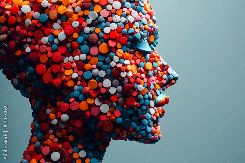 Aufkleber a digital 3d silhouette of a body in profile, made entirely of pills, with each pill casting a soft 