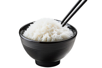 Steamed rice is served in a black ceramic Japanese bowl with a pair of chopsticks on top white black ground  