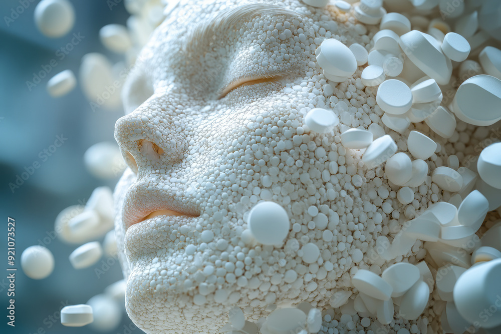 Poster A side-view 3D image of a face, where pills form the outline and features, with the pills slightly varying in size to create a lifelike texture,