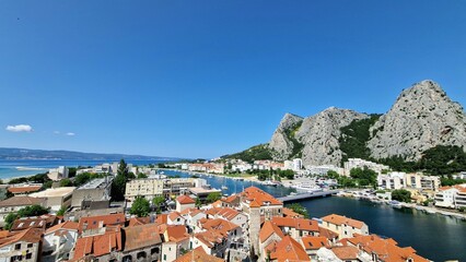 Panoramic View of Omis City, River, and Mountains, Croatia