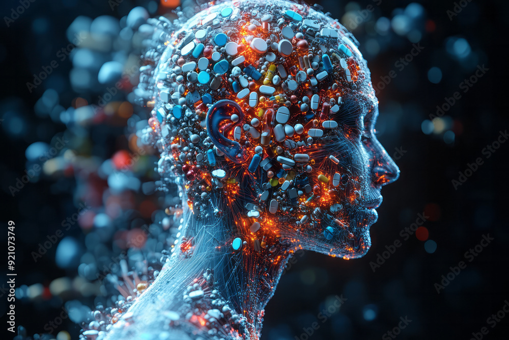 Poster a digital 3d body in profile, with pills forming the structure of the bones and joints, creating an 