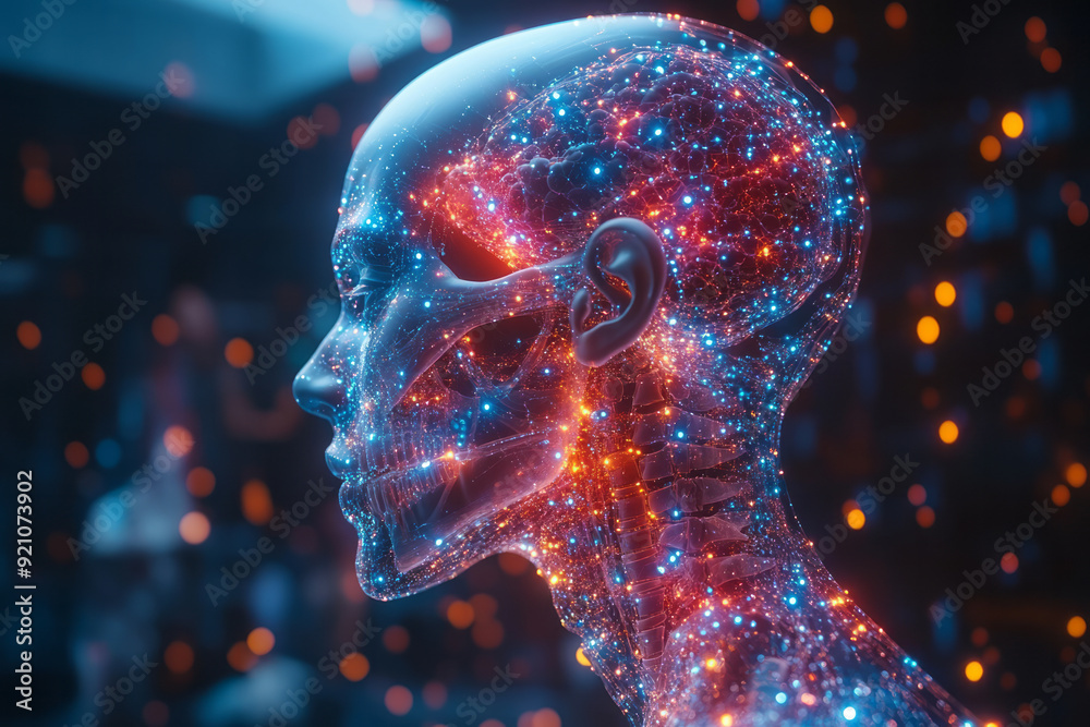 Poster a digital 3d body in profile, with pills forming the structure of the bones and joints, creating an 