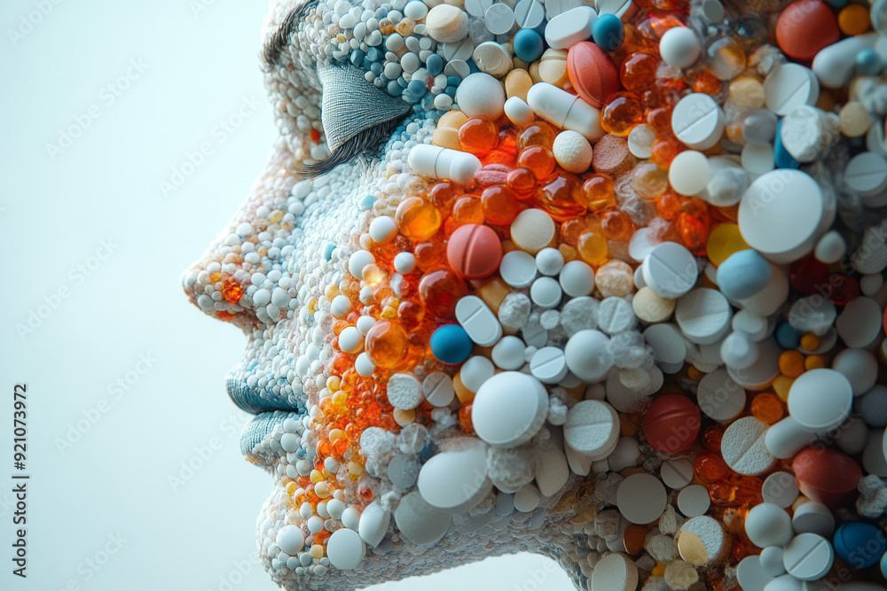 Poster a 3d-rendered profile of a human figure, where pills are arranged to create a smooth, flowing gradie