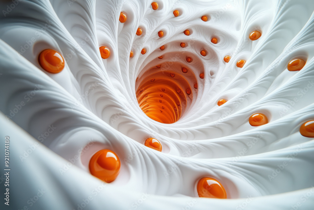 Poster A surreal 3D profile where pills are arranged to form a series of spirals and swirls, creating a dynamic, abstract composition,