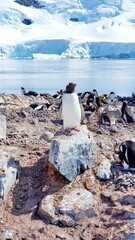 Majestic Gentoo Penguin Standing on Rocky Antarctic Shore with Snow-Covered Mountains and Icy Waters in Background, Clear Blue Sky - High-Resolution Wildlife Photography